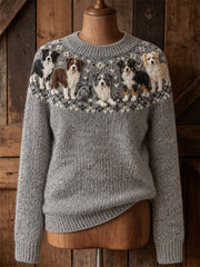 Women's Vintage Border Collie Dogs Yoke Isle Print crew neck sweater