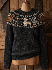 Women's Vintage Lovely Dachshund Dogs Yoke Isle Print crew neck sweater