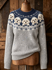 Women's Vintage Cute Dogs & Paws Print Long-sleeved Sweater