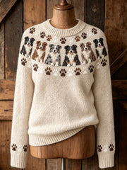 Women's Vintage Cute Dogs & Paws Print Long-sleeved Sweater