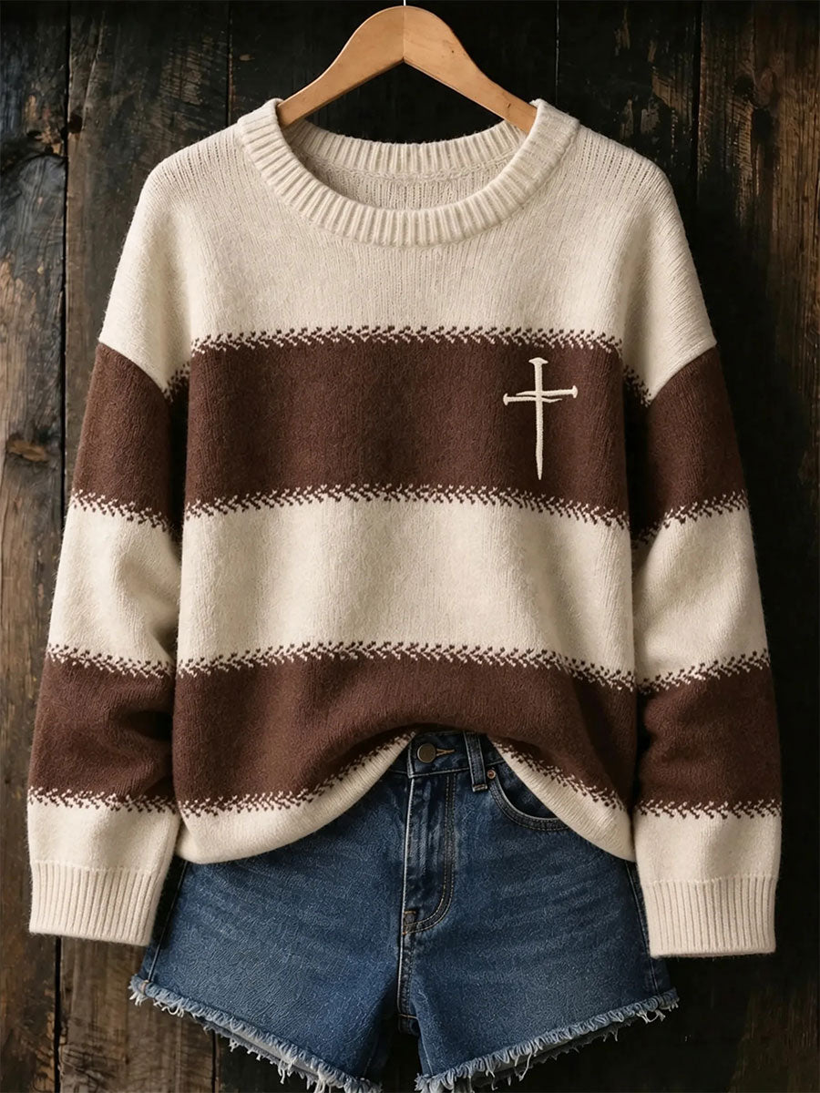 Women's Christian Art Cross Pattern Cozy Knit Sweater