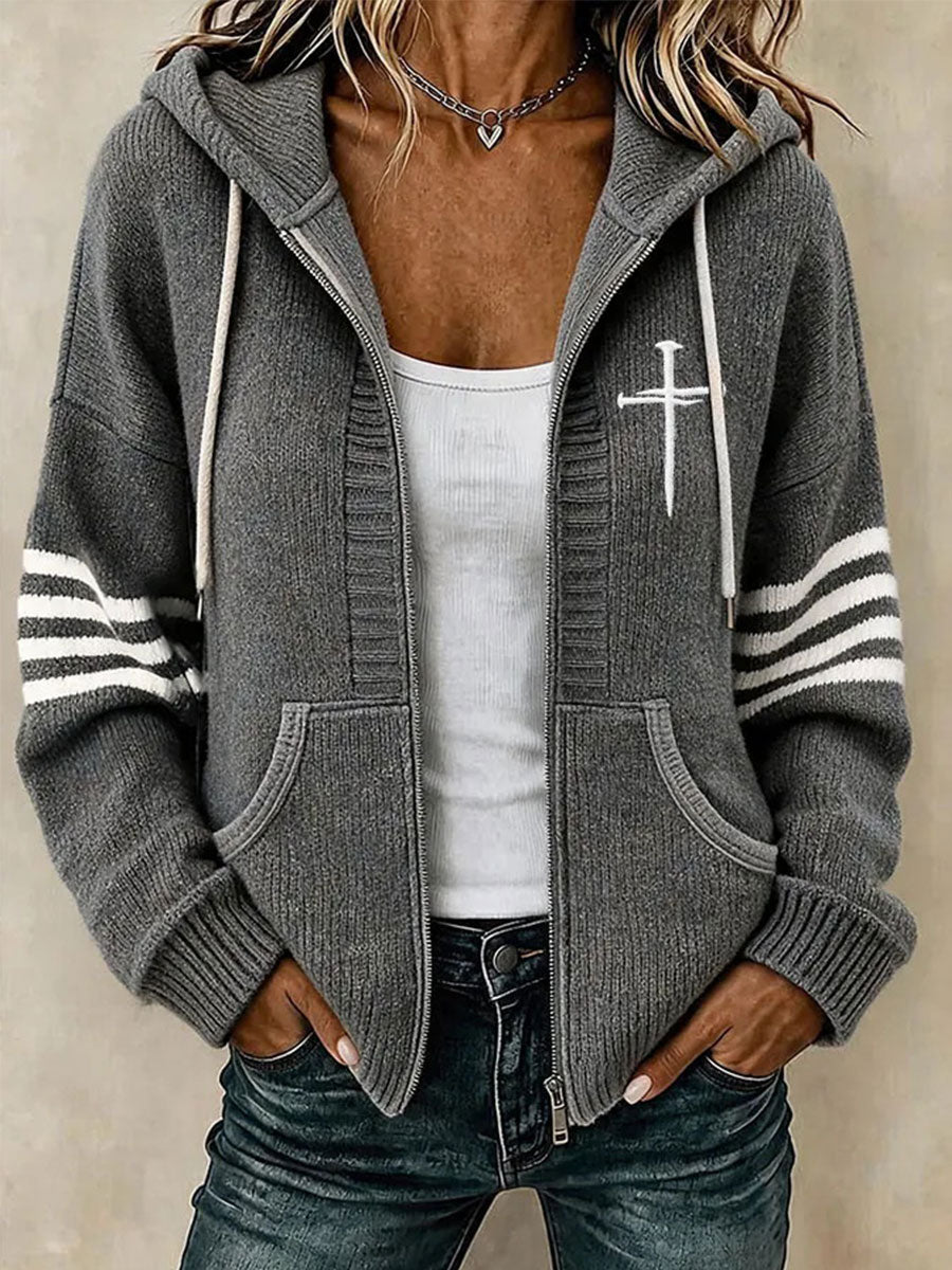 Women's Christian Art Cross Pattern Cozy Knit Hooded Cardigan