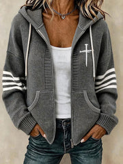 Women's Christian Art Cross Pattern Cozy Knit Hooded Cardigan