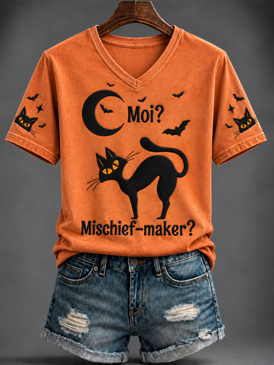 Women's Halloween Cute Cat Printed V-neck T-shirt