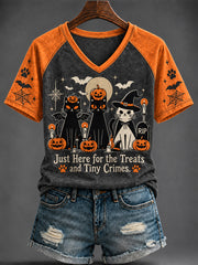 Women's Halloween Cute Cat Printed V-neck T-shirt
