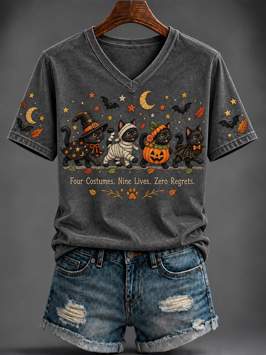 Women's Halloween Cute Cat Printed V-neck T-shirt