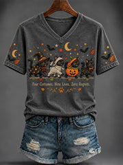 Women's Halloween Cute Cat Printed V-neck T-shirt