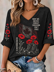 Women's Lest We Forget Canada Remembrance Day Print  Mid-length Sleeves V-Neck T-Shirt