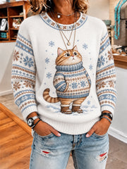 Women's Cute Winter Fat Cat Print Casual Sweater