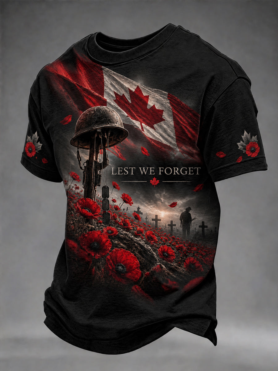 Men's Lest We Forget Canada Remembrance Day Print Short Sleeve T-shirt