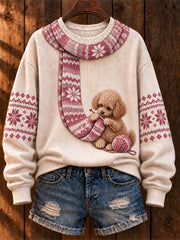 Women's "Dog Knitting a Scarf" Poodle Art-Print Casual Sweater