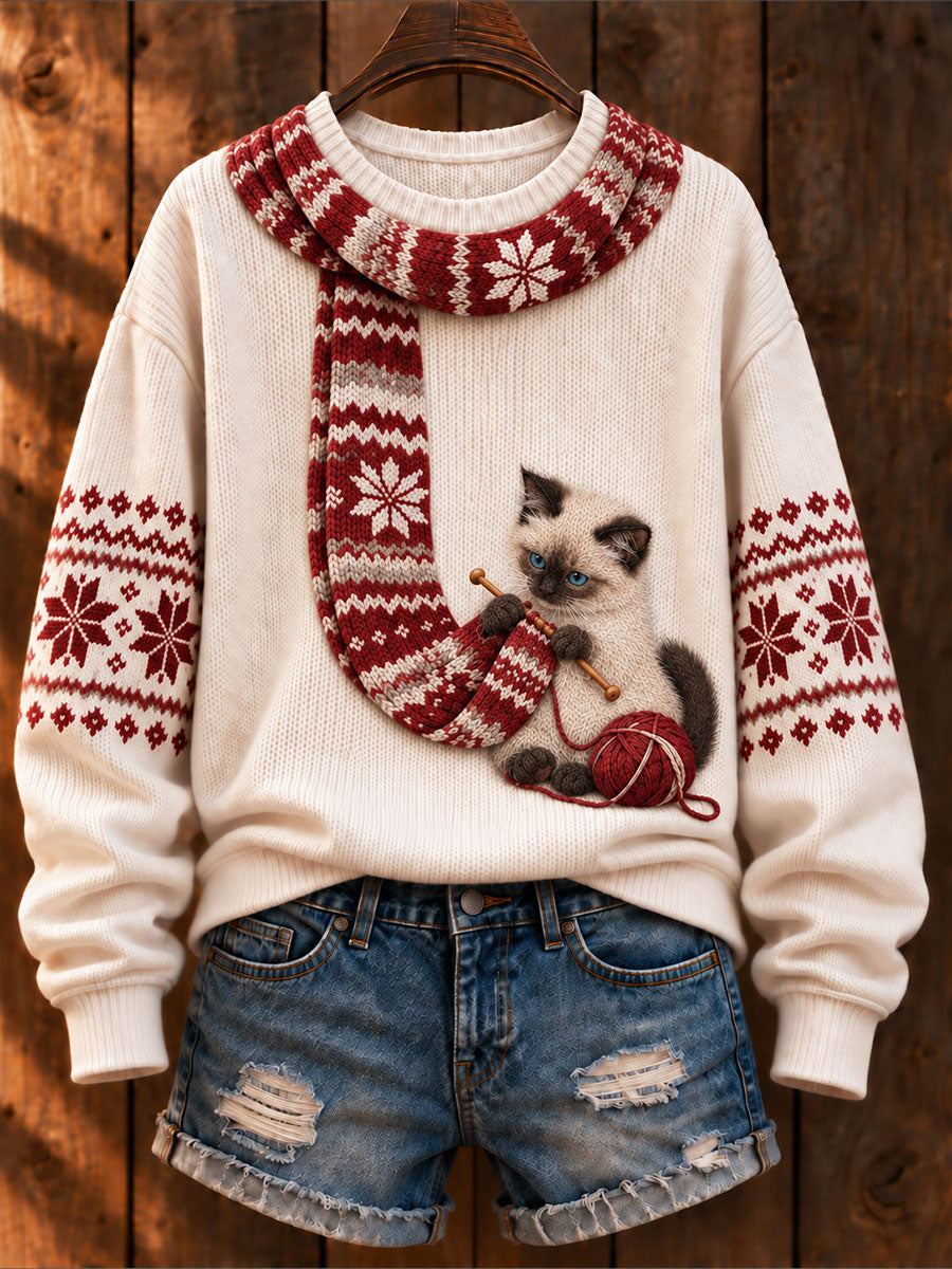 Women's "Cat Knitting a Scarf" Siamese Cat Art-Print Casual Sweater