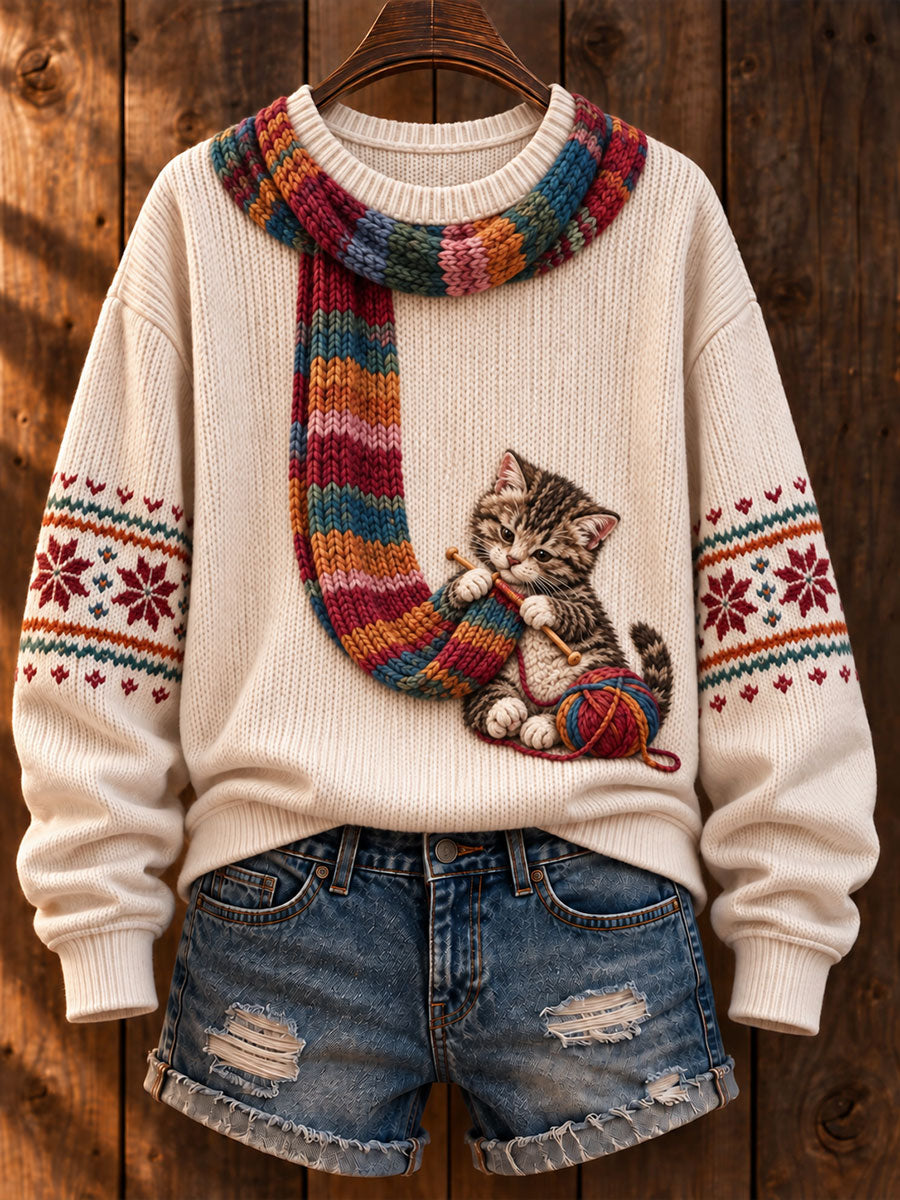 Women's "Cat Knitting a Scarf" Tabby Cat Art-Print Casual Sweater