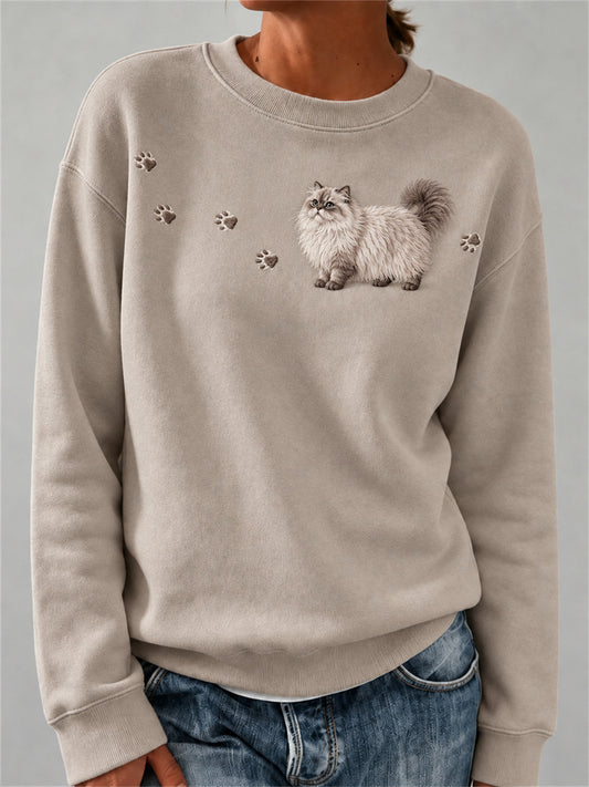 Women's Lovely Fuzzy Persian Cat & Paw Prints Print Sweatshirt