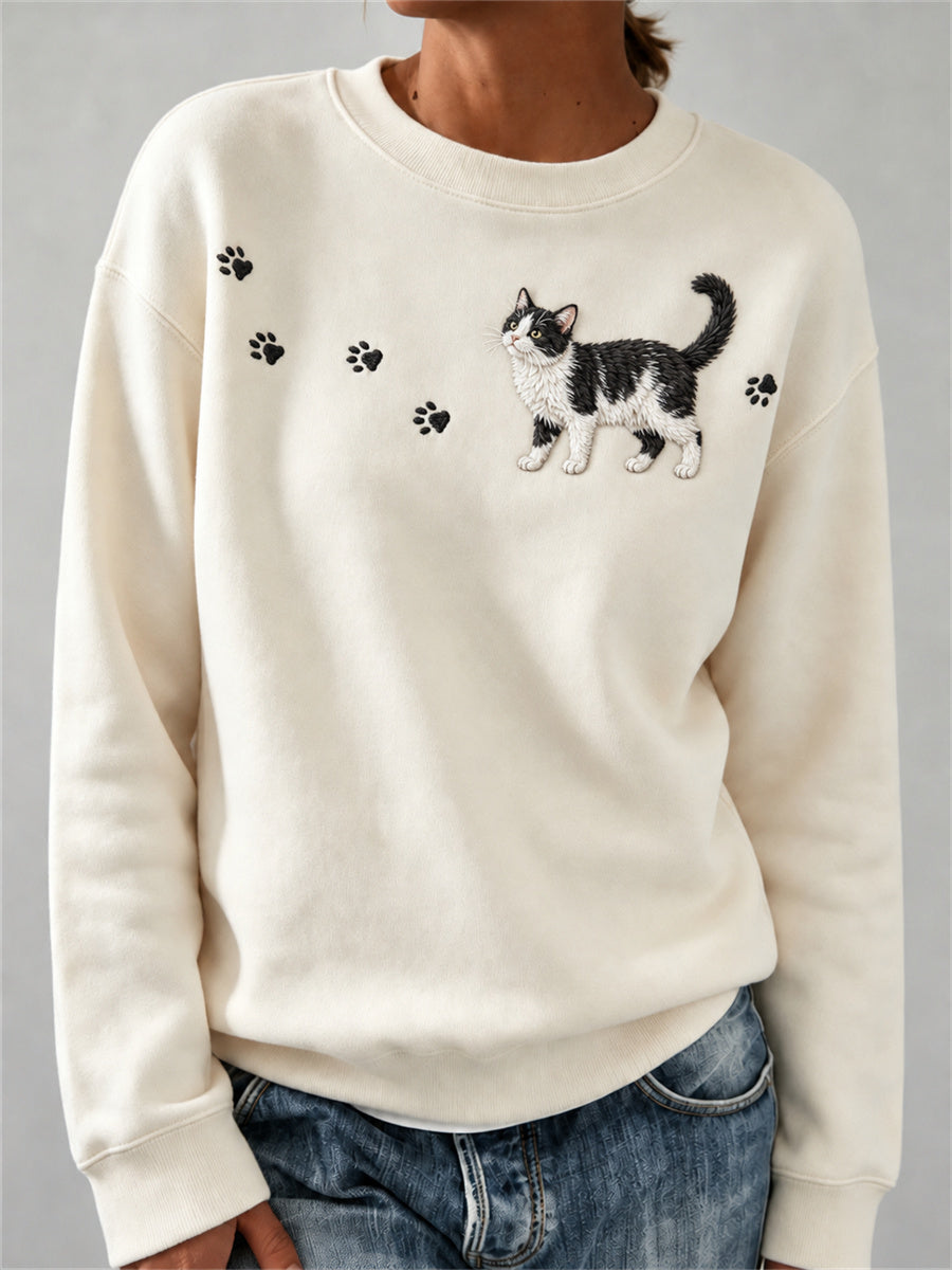 Women's Lovely Cow Cat & Paw Prints Print Sweatshirt