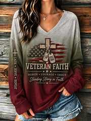 Women's U.S. Veterans Day Veteran Faith Art Print Casual Long-Sleeve T-Shirt