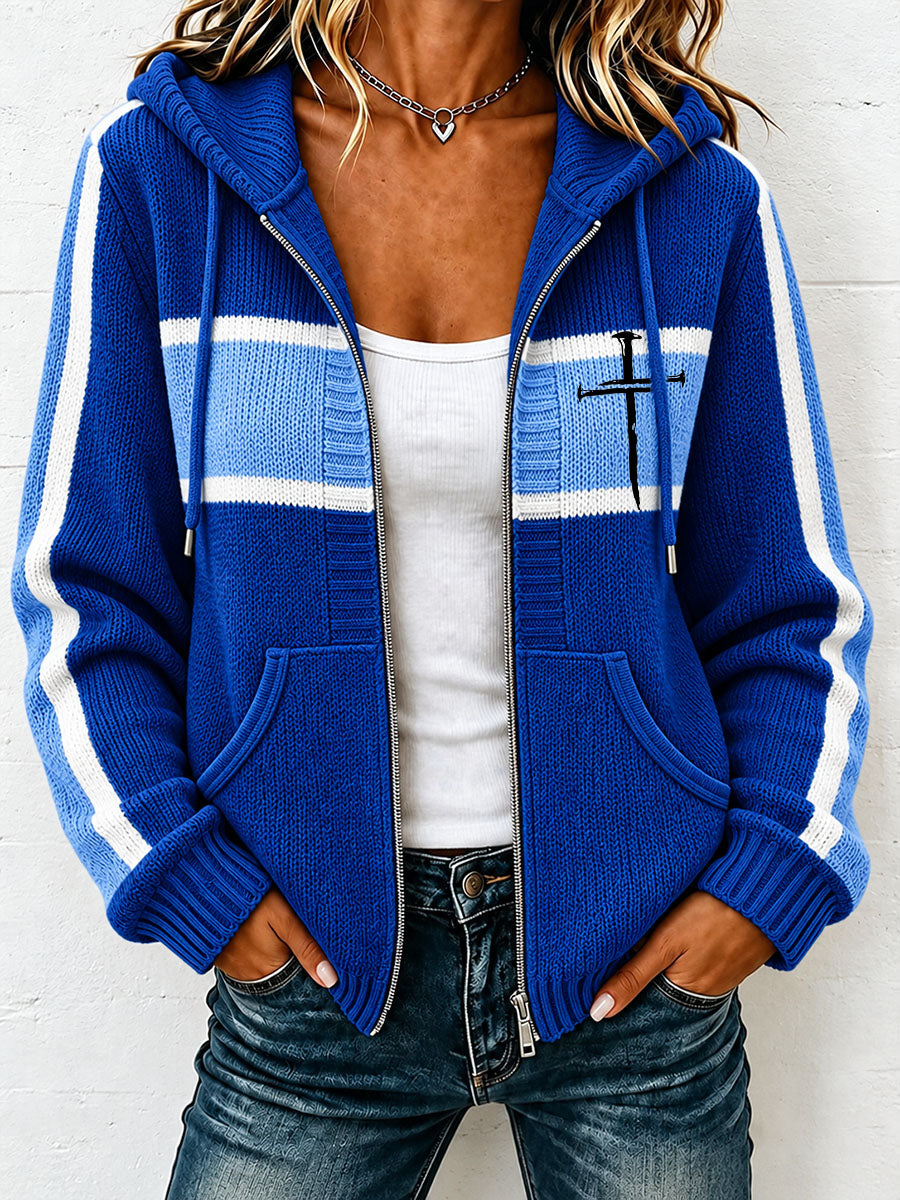 Women's Christian Art Cross Pattern Cozy Knit Hooded Cardigan