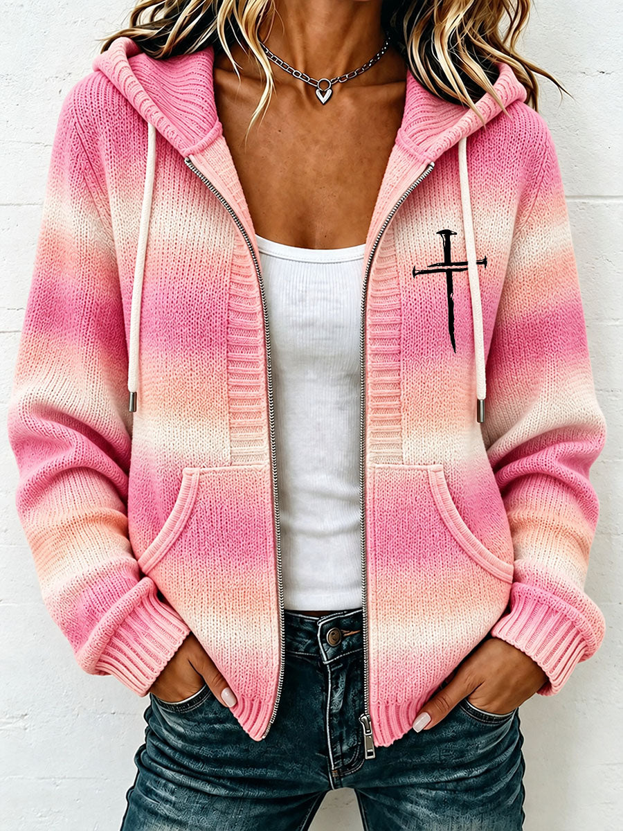 Women's Christian Art Cross Pattern Cozy Knit Hooded Cardigan