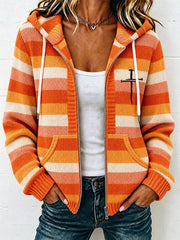 Women's Christian Art Cross Pattern Cozy Knit Hooded Cardigan
