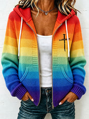 Women's Christian Art Cross Pattern Cozy Knit Hooded Cardigan