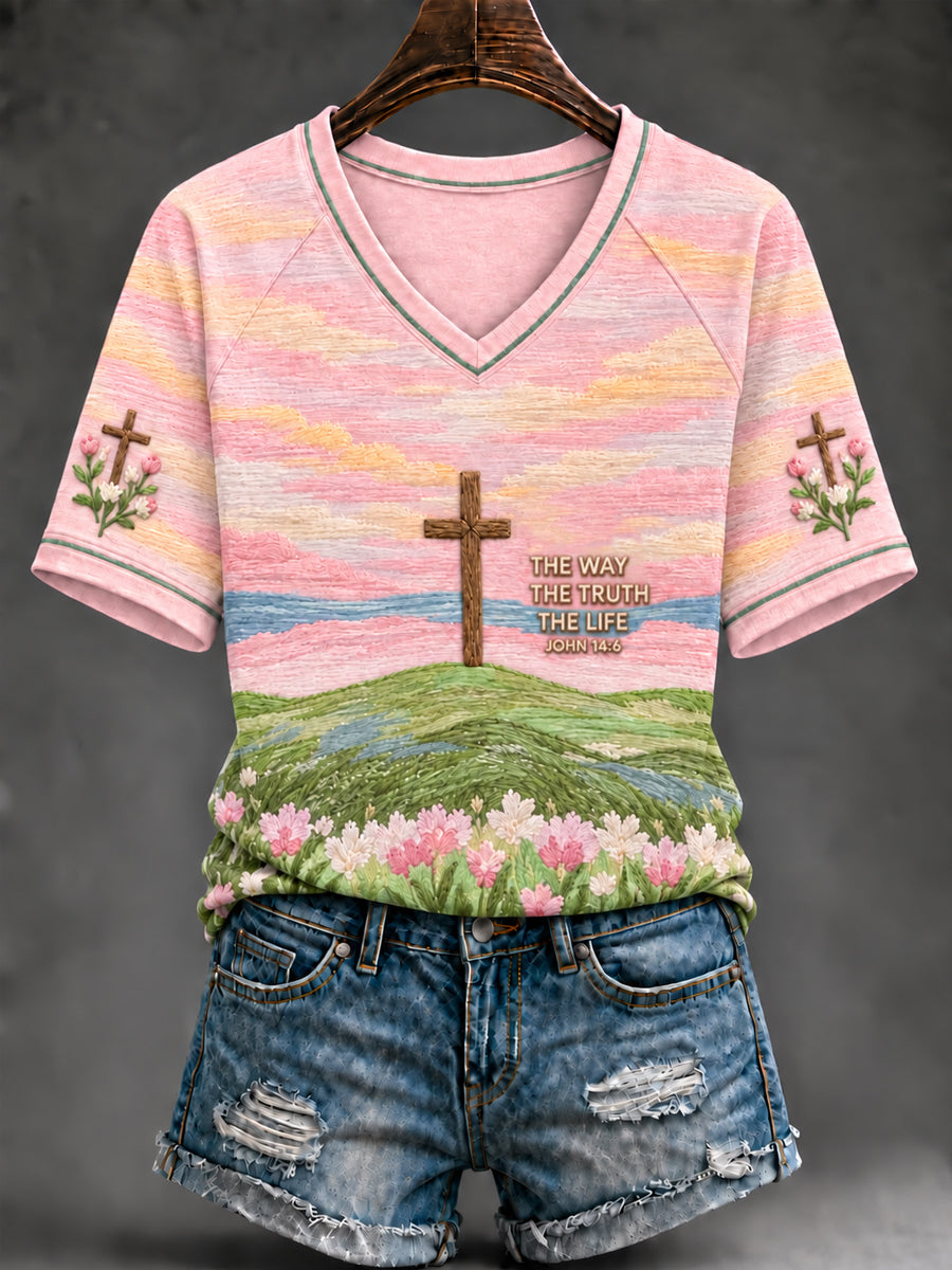 Women's Christian Flowers The Way The Truth The Life JOHN 14:6 V-neck Short Sleeve T-shirt