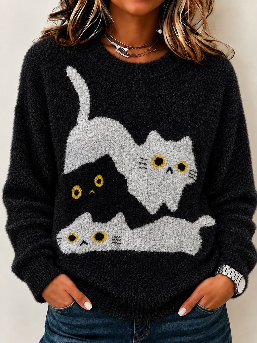 Women's Cute Cat Art Crew Neck Sweater