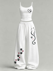 Women's Cute Cat Print Casual Set
