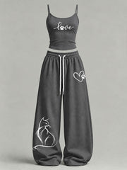 Women's Cute Cat Print Casual Set