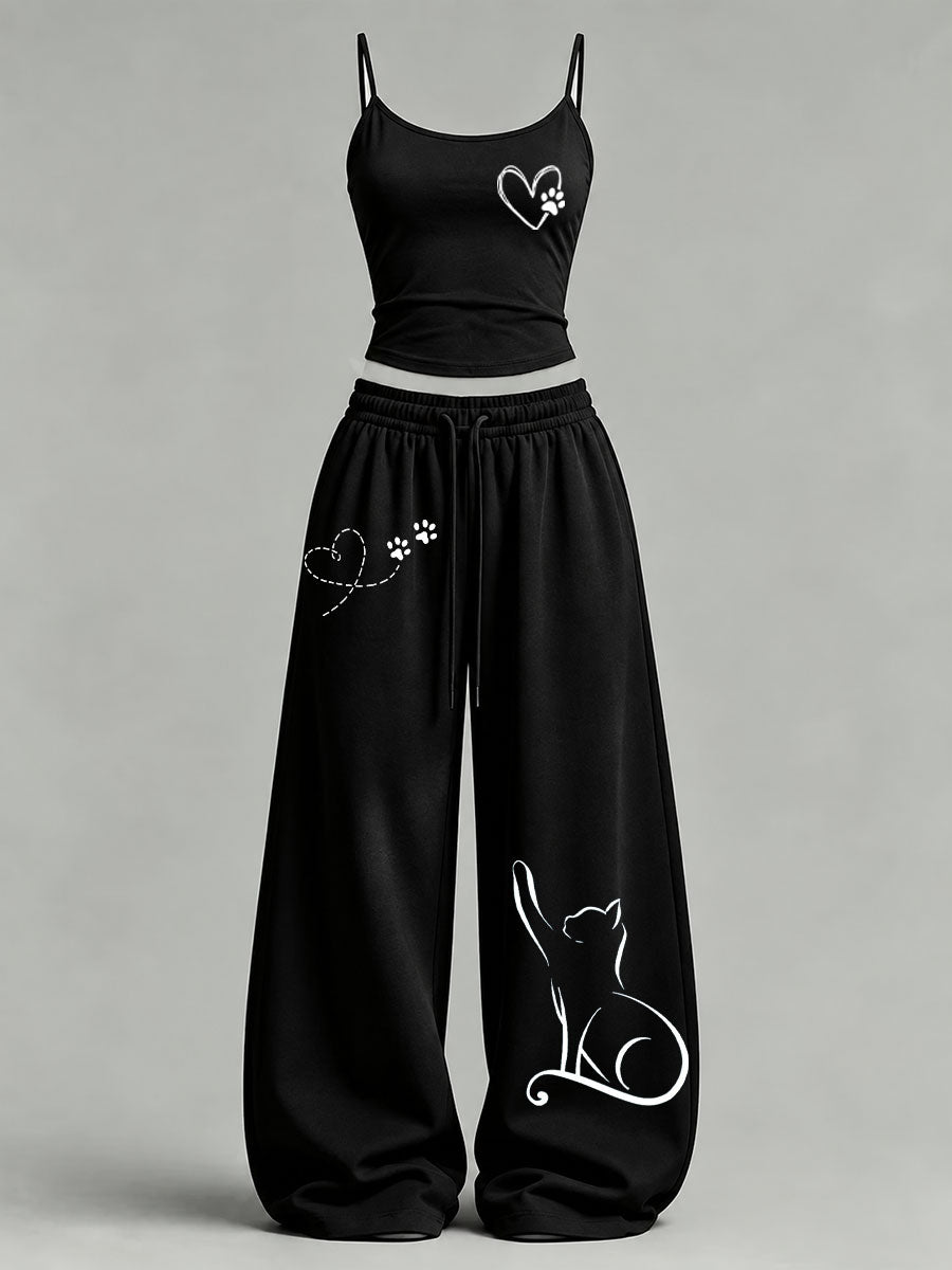 Women's Cute Cat Print Casual Set