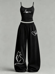 Women's Cute Cat Print Casual Set