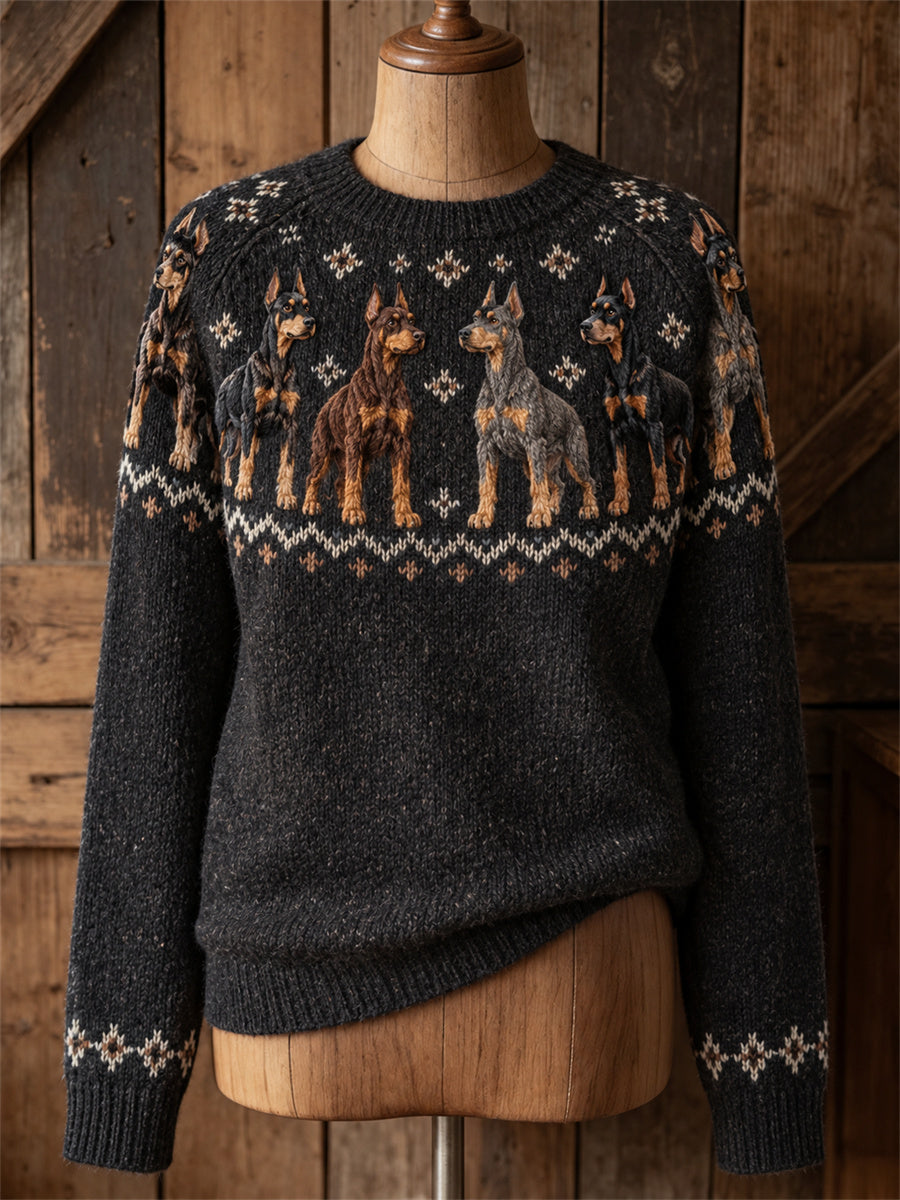 Women's Vintage Doberman Dogs Yoke Isle Print crew neck sweater