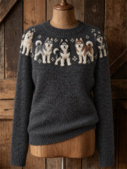 Women's Vintage Husky Dogs Yoke Isle Print crew neck sweater