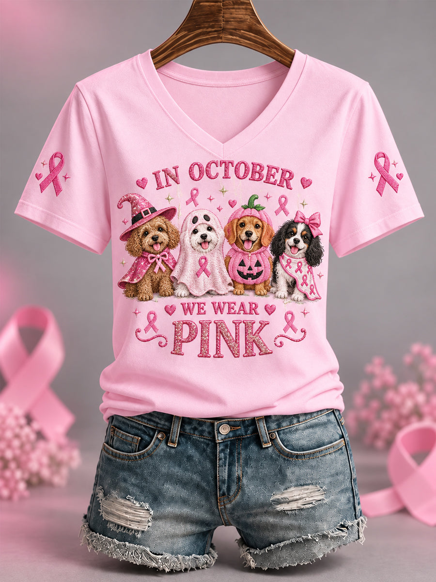 Women's In October We Wear Pink Halloween Pink Dogs Print Breast Cancer Awareness Support V-Neck Tee