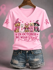 Women's In October We Wear Pink Halloween Pink Dogs Print Breast Cancer Awareness Support V-Neck Tee