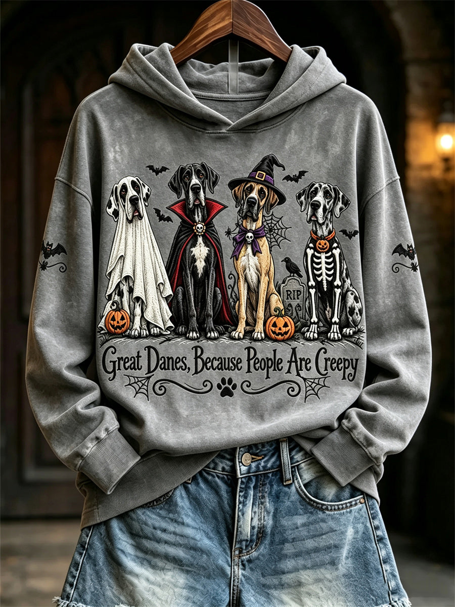 Women's Great Danes Because People Are Creepy Halloween Dogs Print Hoodie