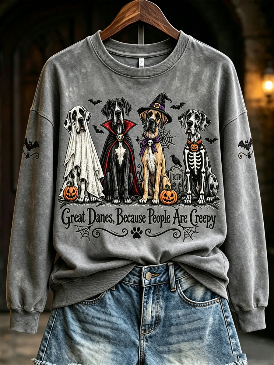 Women's Great Danes Because People Are Creepy Halloween Dogs Print Sweatshirt