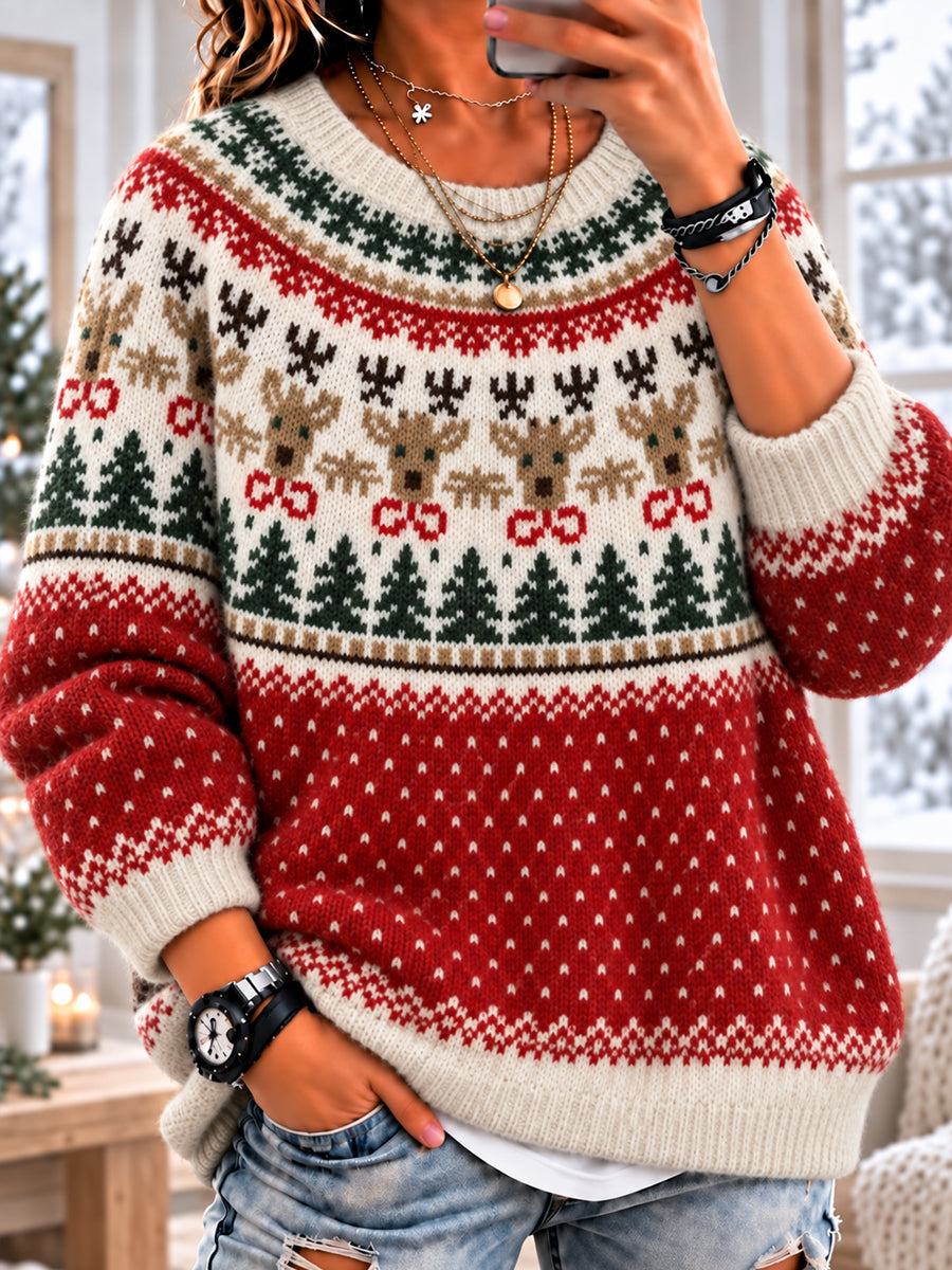 Women's Reindeer & Pine Tree  Long Sleeve Crewneck Sweater