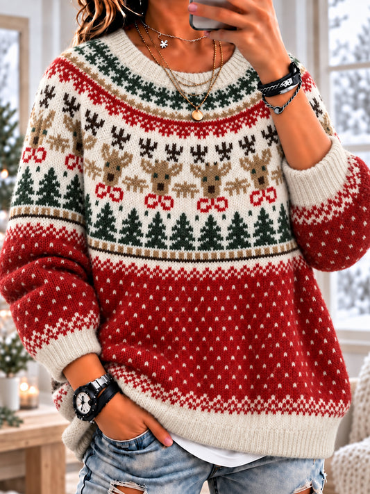 Women's Reindeer & Pine Tree  Long Sleeve Crewneck Sweater