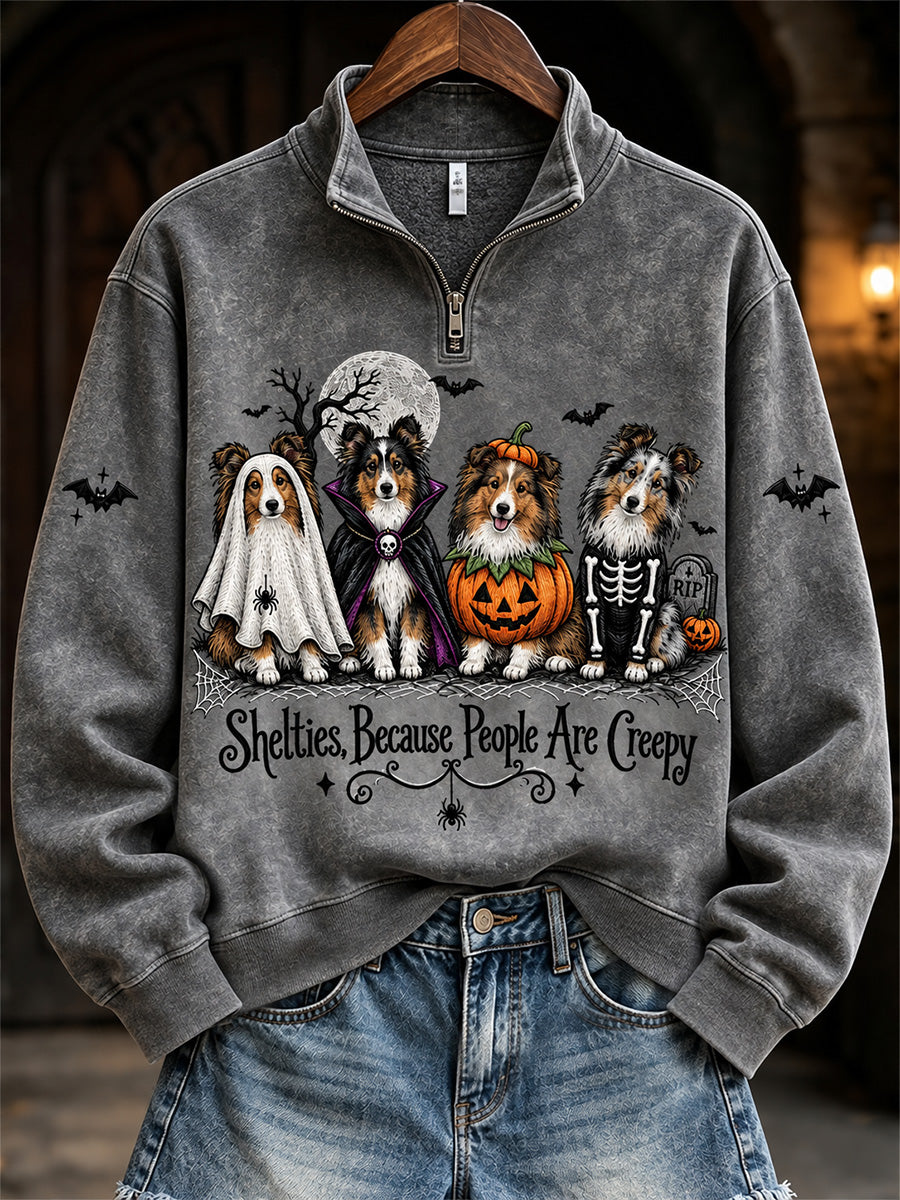 Women's VIntage Shelties Because People Are Creepy Halloween Print Zip Up Sweatshirt