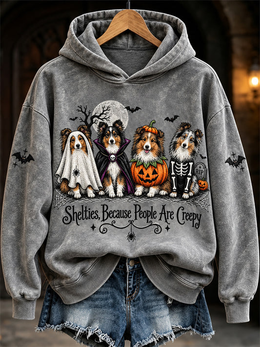 Women's VIntage Shelties Because People Are Creepy Halloween Print Sweatshirt