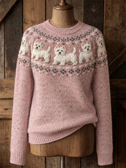 Women's Vintage West Highland White Terrier Dogs Yoke Isle Print crew neck sweater