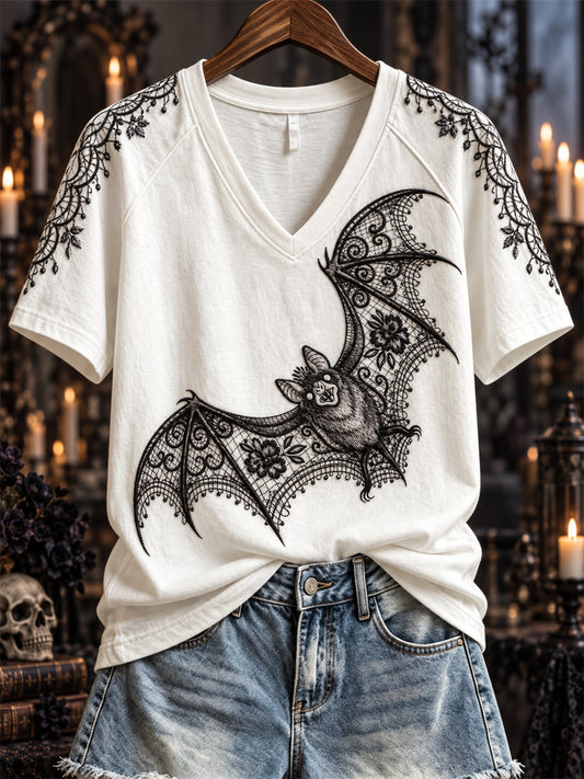 Women's Halloween Gothic Lace Bat Art Print short-sleeved T-shirt