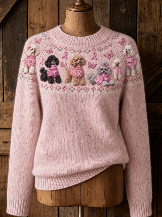 Women's Dog Pattern and Pink Charity Ribbon Design Casual Raglan Sleeve Sweater