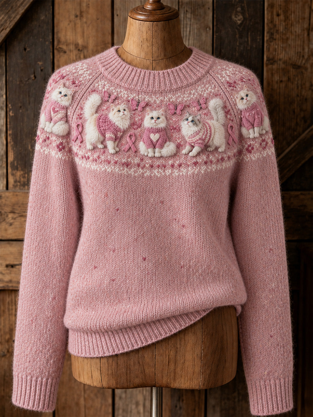 Women's Cat Pattern and Pink Charity Ribbon Design Casual Raglan Sleeve Sweater