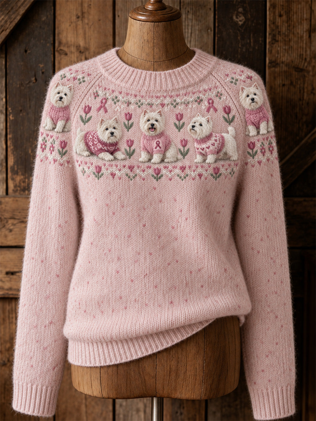 Women's Dog Pattern and Pink Charity Ribbon Design Casual Raglan Sleeve Sweater