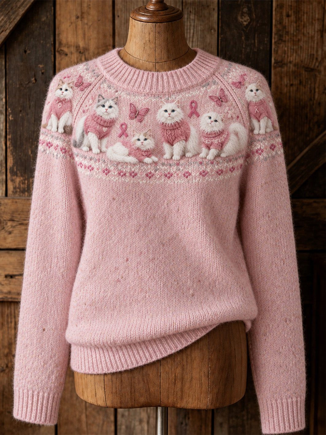 Women's Cat Pattern and Pink Charity Ribbon Design Casual Raglan Sleeve Sweater