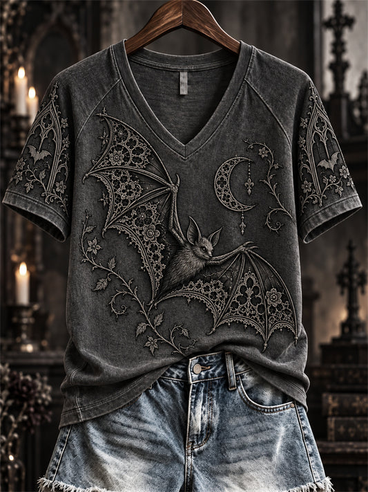 Women's Halloween Gothic Lace Bat Art Print short-sleeved T-shirt