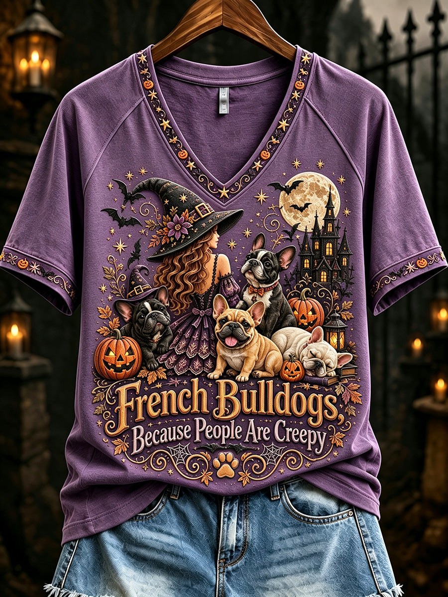 Women's French Bulldogs Because People Are Creepy Halloween Dogs Print short-sleeved T-shirt
