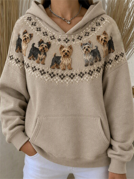 Women's Vintage Yorkie Dogs Yoke Isle Print Cozy Hoodie
