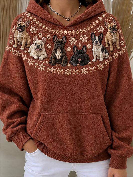 Women's Vintage French Bulldog Yoke Isle Print Cozy Hoodie
